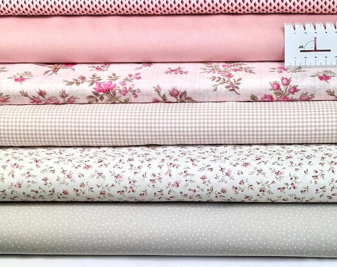 Fabric package pink-beige-white, cotton fabric, fabric dots, fabric diamond, fabric floral, fabric dots, fabric checked, fabric pink, fabric beige