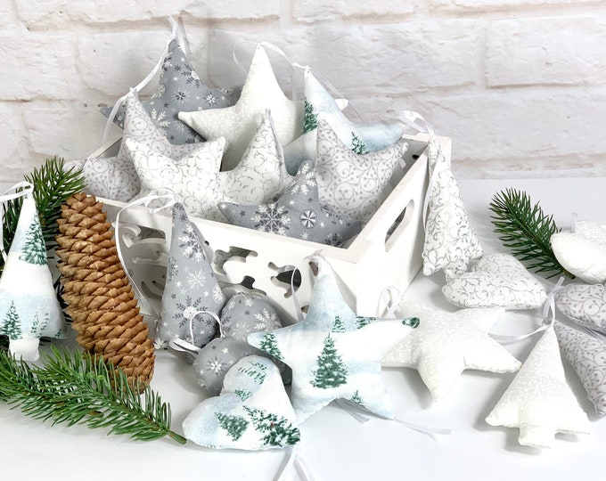 A star-tree-heart white-grey made of fabric Fabric selection, fabric stars, stars made of fabric, stars for decoration, sewn stars, deer