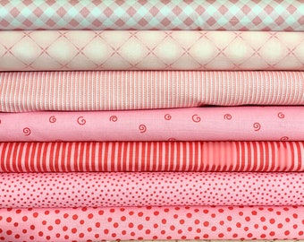 Fabric package cotton pink-pink-red, cotton fabric, cotton fabric dots, fabric diamond, fabric striped, fabric dots, fabric red, fabric pink