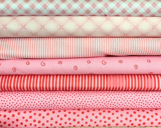 Fabric package cotton pink-pink-red, cotton fabric, cotton fabric dots, fabric diamond, fabric striped, fabric dots, fabric red, fabric pink