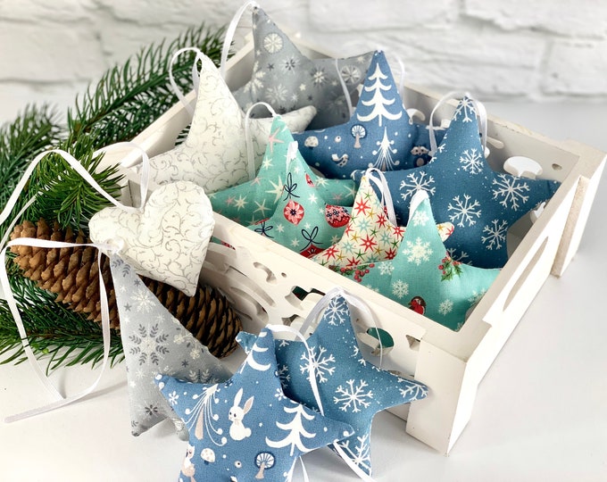 A star tree blue-white-grey made of fabric fabric selection, fabric stars, stars made of fabric, stars for decoration, sewn stars, star, deer
