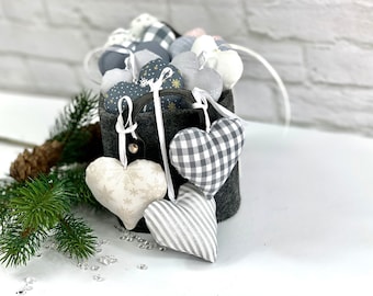 A heart grey-white cream-white fabric choice, fabric heart, fabric heart, Christmas decoration, sewn hearts, star, deer, reindeer