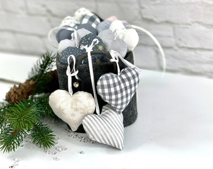 A heart grey-white cream-white fabric choice, fabric heart, heart made of fabric, Christmas decoration, sewn hearts, star, deer, reindeer