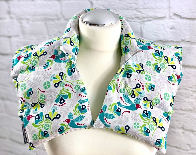Rapeseed pillow, neck pillow, heat pad, grey patterned, blue - green - turquoise, bird
