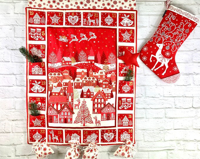 Advent calendar Christmas village-red, Advent calendar children. Advent calendar adults,, Advent calendar fabric, Advent calendar to fill