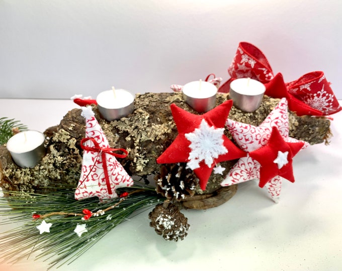 Advent wreath red-white, Advent wreath made of wood, Advent arrangement, grey-white, stars, hearts, fir trees