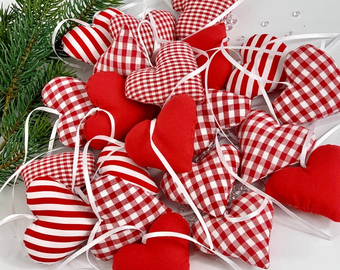 21 hearts fabric hearts red - white, tree decoration red - white, Christmas decoration red, gift tags, Christmas tree decoration red - white