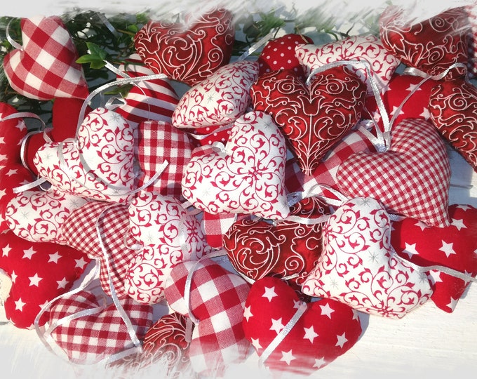 Hearts fabric hearts red - white, tree decorations red - white, Christmas decorations red, gift tags, Christmas tree decorations red - white