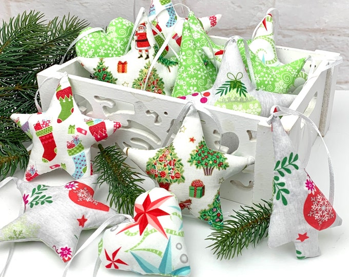 A star-tree-heart green-coloured-grey made of fabric. Fabric selection, fabric stars, stars made of fabric, stars for decoration, sewn stars, deer