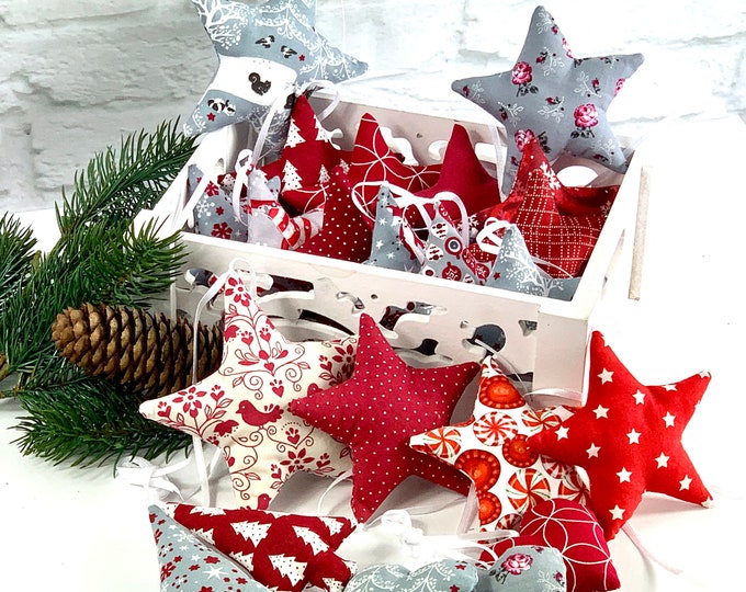 A star tree red-white-grey made of fabric Fabric selection, fabric stars, stars made of fabric, stars for decoration, sewn stars, star, deer