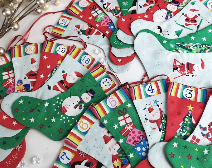 Advent calendar boots, socks, bags made of beautiful printed cotton fabrics, washable turquoise - colorfulAdvent calendar to fill