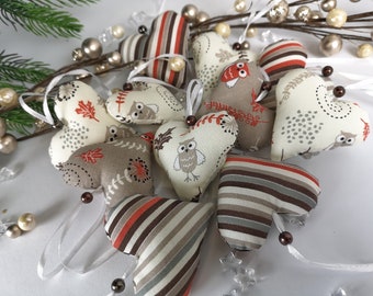 Fabric hearts - hearts - decorative hearts owls brown - cream, tree decorations, Christmas decorations, door wreaths, window decorations, gift tags, Christmas tree decorations