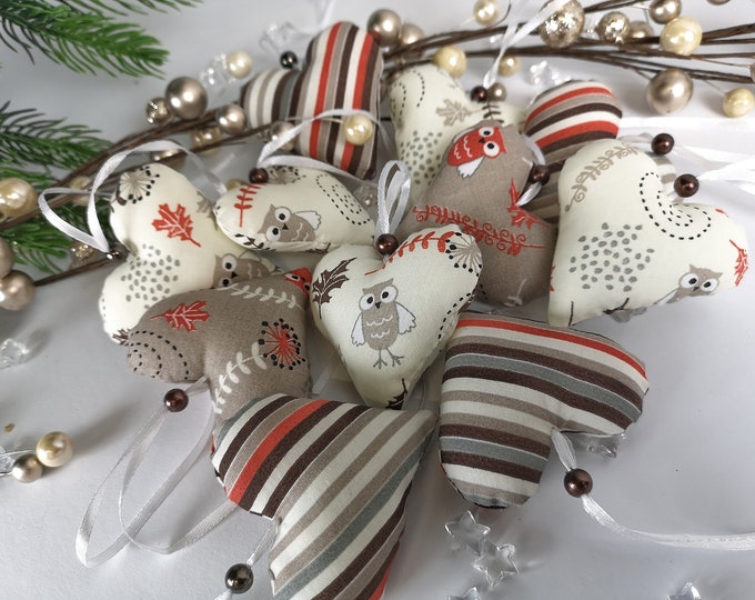 Fabric hearts - hearts - decorative hearts owls brown - cream, tree decoration, Christmas decoration, door wreath, window decoration, gift tag, autumn