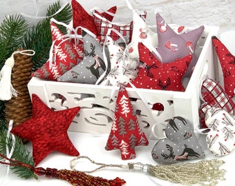 A star-tree-tassel red-white-grey made of fabric Choice of fabric, fabric stars, fabric stars, stars for decoration, sewn stars, deer