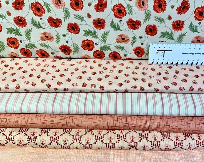 Fabric package cotton red-pink-apricot-orange-beige-wine red poppy, cotton fabric flowers, cotton fabric stripes, fabric diamonds, fabric plain
