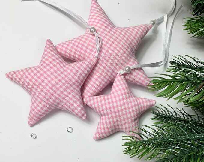 3 stars Christmas tree decoration made of fabric pink - white, Christmas decoration, stars, Advent calendar, Advent wreath, gift, fabric pendant