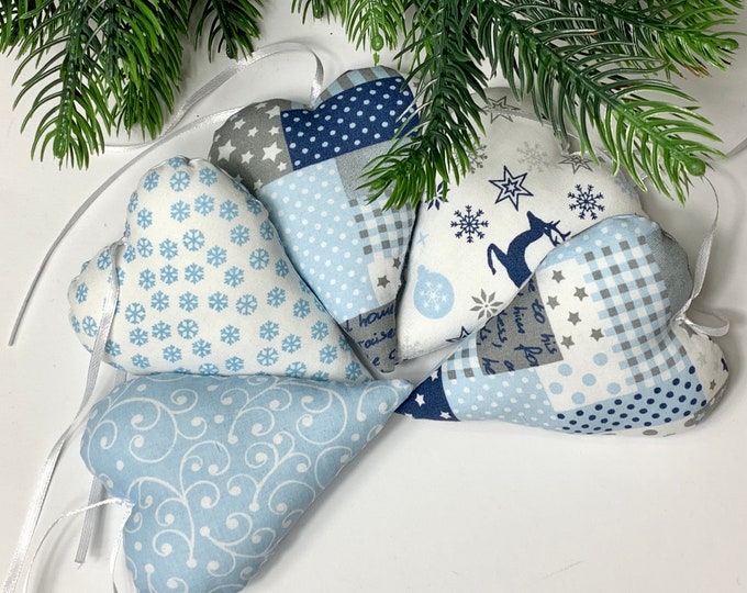 Hearts fabric hearts blue - white Christmas tree decorations made of fabric, decorative hearts, hearts, window decorations, fabric pendants hearts, Christmas decorations