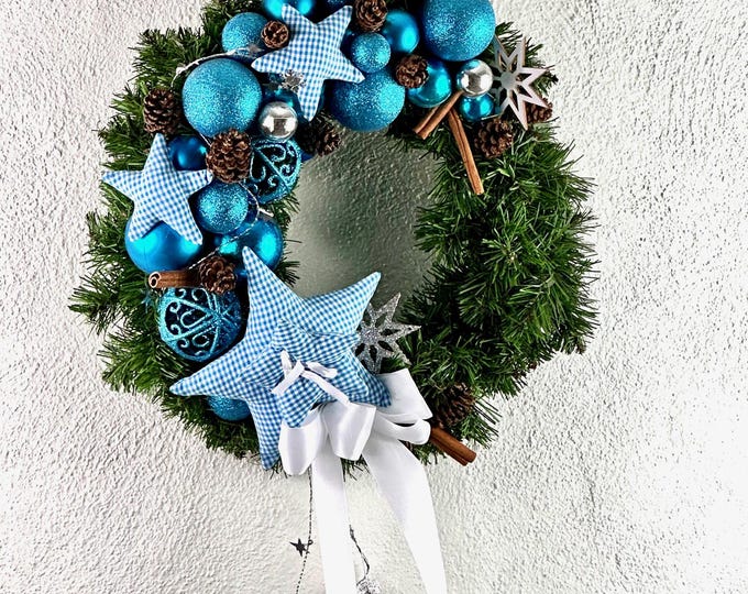 Christmas door wreath blue - turquoise - white, Christmas decoration, Advent decoration, stars, Christmas balls, cinnamon sticks