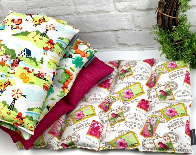 Heat pad or cold therapy, rapeseed pillow, neck pillow, heat pad, fabric floral, fabric birds, fabric pink, fabric garden friends