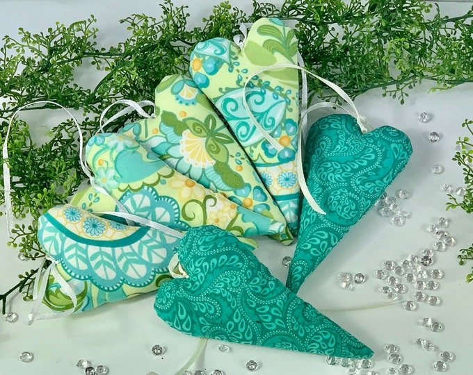 Fabric hearts turquoise-yellow-green, hearts, decorative hearts, decoration, door wreath, window decoration, gift tag, table decoration, gift, souvenir