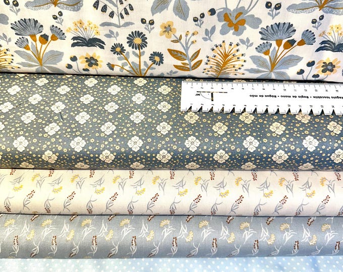 Fabric package cotton blue-grey-beige-corn yellow flowers, cotton fabric flowers, cotton fabric dots, fabric diamonds, fabric flowers, fabric plain