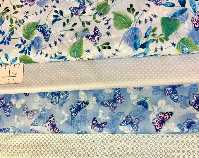Fabric package cotton blue-white-green butterfly, cotton fabric butterfly, cotton fabric dots blue-white, fabric blue-white, fabric circle