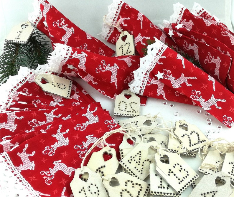 12 stars Christmas tree decorations made of fabric red and white, Christmas decoration, stars for Advent calendar, Advent wreath, gift tags, fabric tags image 7