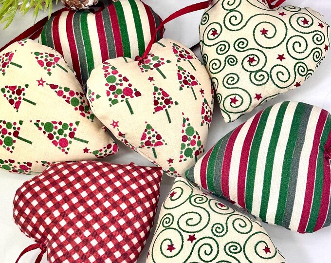 7 xHearts fabric hearts red-beige-green Christmas tree decoration fabric, window decoration Christmas, fabric pendant hearts, Christmas decoration, Advent wreath
