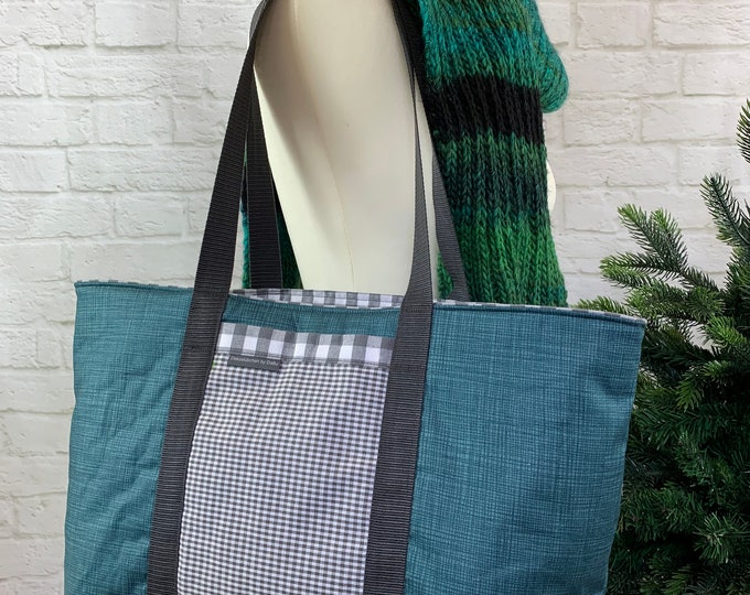 xxl-large shopping bag, fashionable shopper - reversible shopping bag made of cotton fabrics for washing in petrol, grey-white