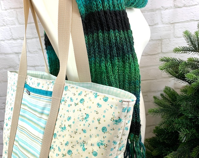 xxl-large shopping bag, fashionable shopper - reversible shopping bag made of cotton fabrics for washing in beige blue floral, turquoise-white