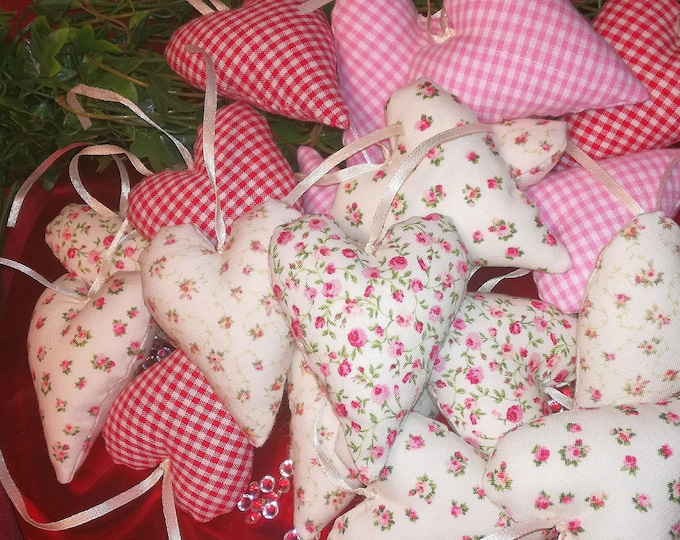 Hearts roses - fabric hearts - decorative hearts in pink - red - white floral, checked, window decoration, gift, romantic decoration, Mother's Day gift