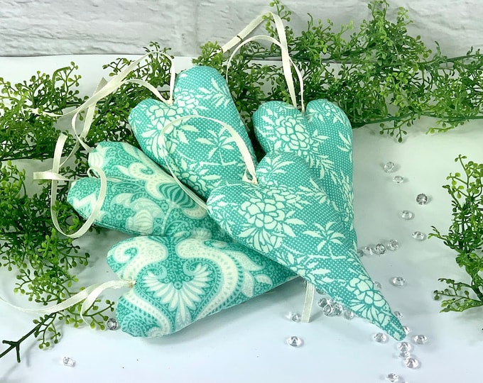 Fabric hearts turquoise - cream, hearts, decorative hearts, decoration, door wreath, window decoration, gift tag, table decoration, birthday present, souvenir