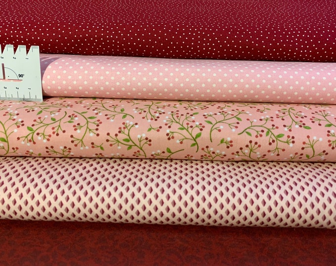 Fabric package cotton rose-white-red, cotton fabric flowers, cotton fabric dots, fabric floral, fabric plain red, fabric dots pink-white, diamond