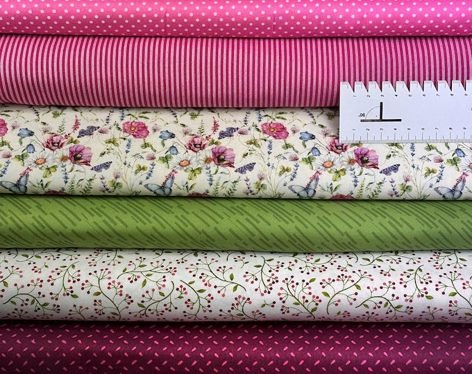 Cotton fabric package red-pink-cream-green-pink-wine red, fabric flowers, fabric stripes, fabric pink, fabric dots, fabric floral, meadow flowers