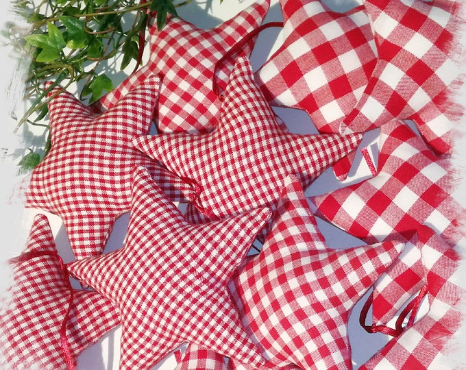 12 star Christmas tree decorations made of fabric red and white, Christmas decoration, stars for Advent calendar, Advent wreath, gift tags, fabric tags