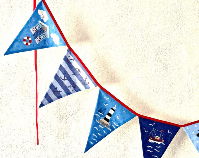 XXL maritime pennant chain made of fabric, free choice of fabric back, a must for every maritime decoration in blue-sand-beige
