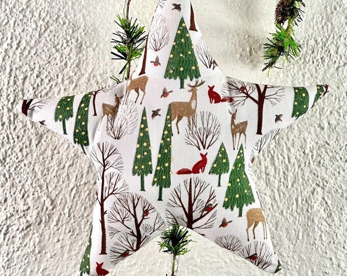 large XXL star beige-red-green winter forest made of fabric, fabric stars, stars made of fabric, star, deer, Christmas tree, forest