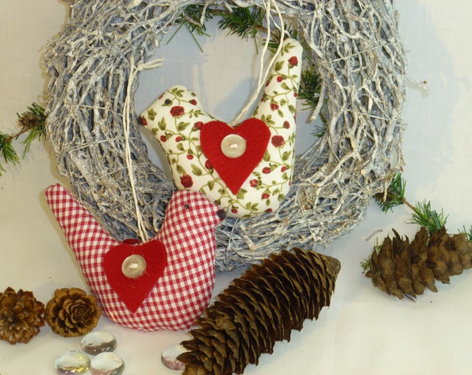 Bird couple in rose check pattern, birds, souvenir, gift, red-white-beige