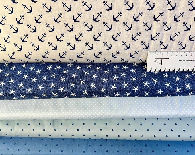Fabric package cotton blue-beige-white anchor, starfish, cotton fabric maritime, cotton fabric flowers, fabric dots, fabric plain