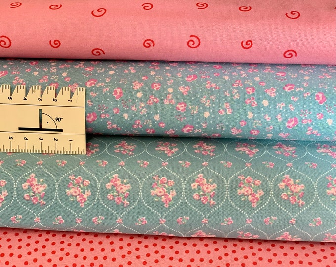 Fabric package cotton grey/blue roses-pink/pink-red, cotton fabric roses, cotton fabric dots, fabric, fabric roses red, fabric pink-pink-red