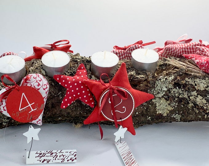 Advent wreath red-white, Advent wreath made of wood, Advent arrangement, grey-white, stars, hearts, fir trees