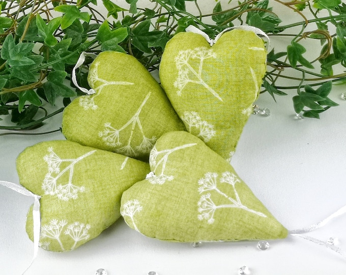 Fabric hearts - hearts - decorative hearts flowered green - white, decorative door wreath, window decoration, gift tag, table decoration, birthday gift, fabric
