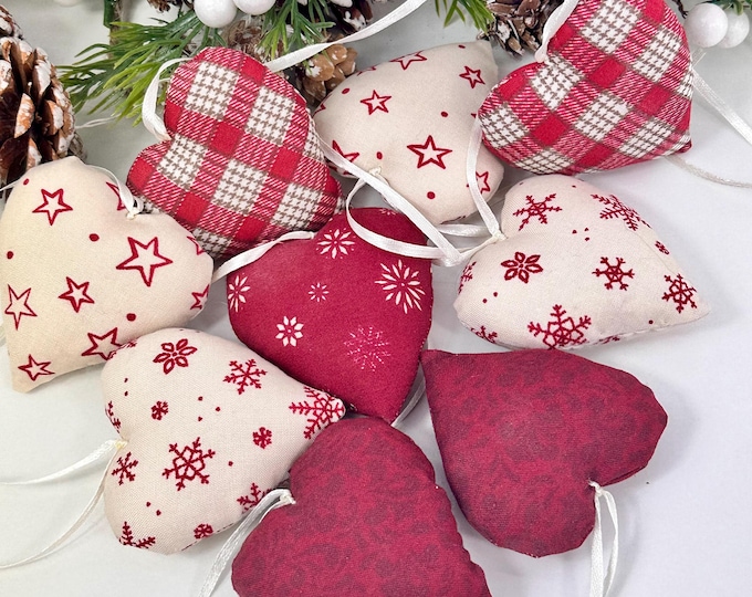 9 pieces of hearts fabric hearts red-beige Christmas tree decoration fabric, window decoration Christmas, fabric pendant hearts, Christmas decoration, Advent wreath
