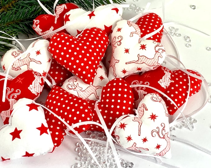 Hearts Deer Fabric Hearts red - white Christmas tree decorations made of fabric, decorative hearts, hearts, window decorations, fabric pendants hearts, Christmas decorations