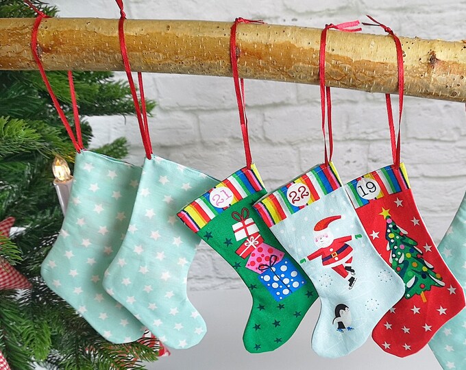 Advent calendar turquoise boots, socks, bags made of beautiful printed cotton fabrics, washable Advent calendar to fill