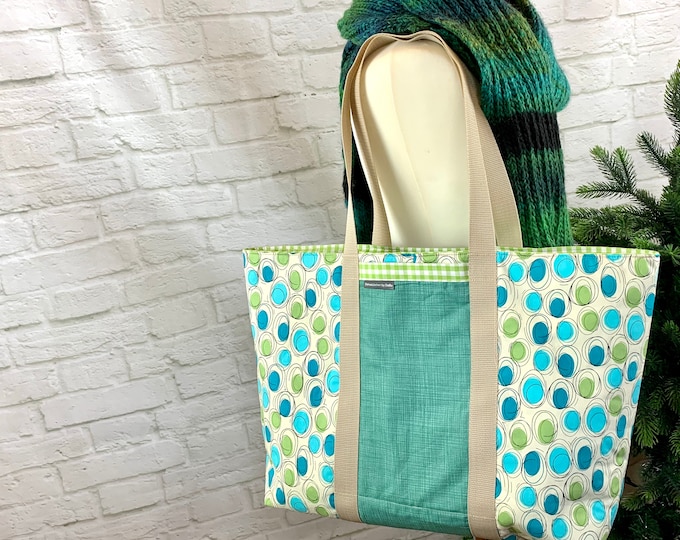 xxl-large shopping bag, fashionable shopper - reversible shopping bag made of cotton fabrics for washing in petrol-turquoise-green, green-white