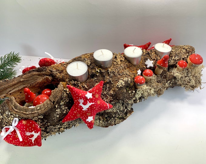 Advent wreath red and white mushrooms, Advent wreath made of wood, Advent arrangement, red and white, stars, hearts, fir trees