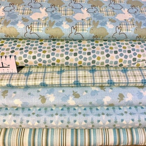 Stoffpaket Baumwolle blau-grün-beige--weiß Hasen, Baumwollstoff Streifen, Baumwollstoff Punkte, Stoff Hasen, Stoff Blumen, Stoff Ostern