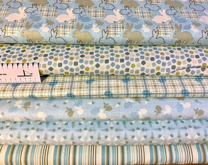 Fabric package cotton blue-green-beige--white rabbits, cotton fabric stripes, cotton fabric dots, fabric rabbits, fabric flowers, fabric Easter