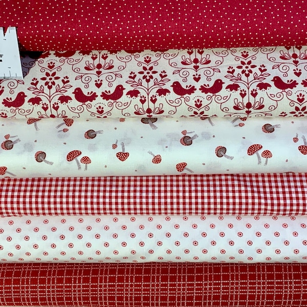 Stoffpaket Baumwolle rot-weiß-beige, Baumwollstoff Pilze, Baumwollstoff Punkte, Stoff Vögel, Stoff Blumen, Stoff geblumt, Stoff kariert